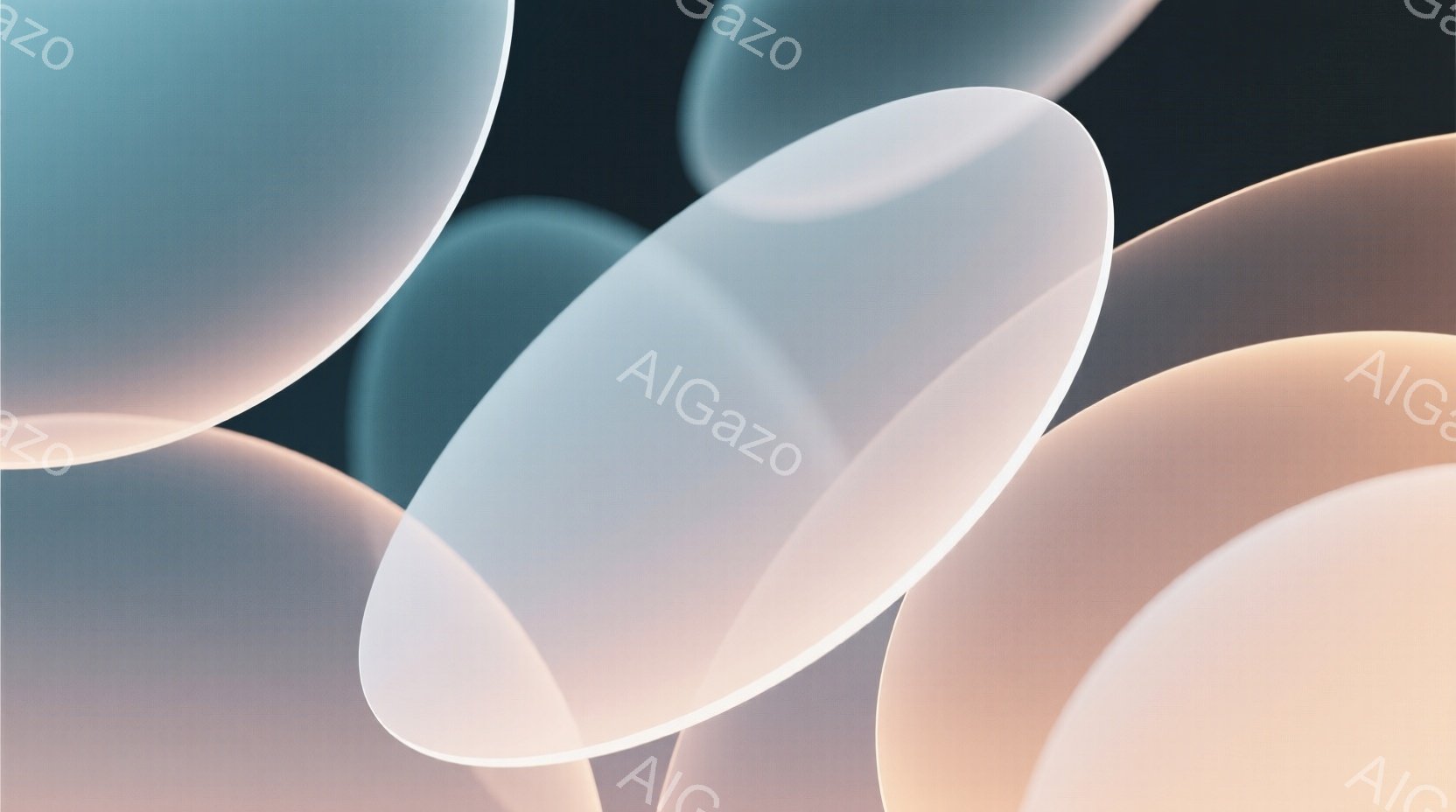 ぼやけた淡いピンクと水色の半透明な円が重なり合い、抽象的な背景を形成しています。これらの円は柔らかい光を放ち、夢のような、あるいは幻想的な雰囲気を醸し出しています。背景は暗く、円の形が際立っています。 - AI生成フリー素材