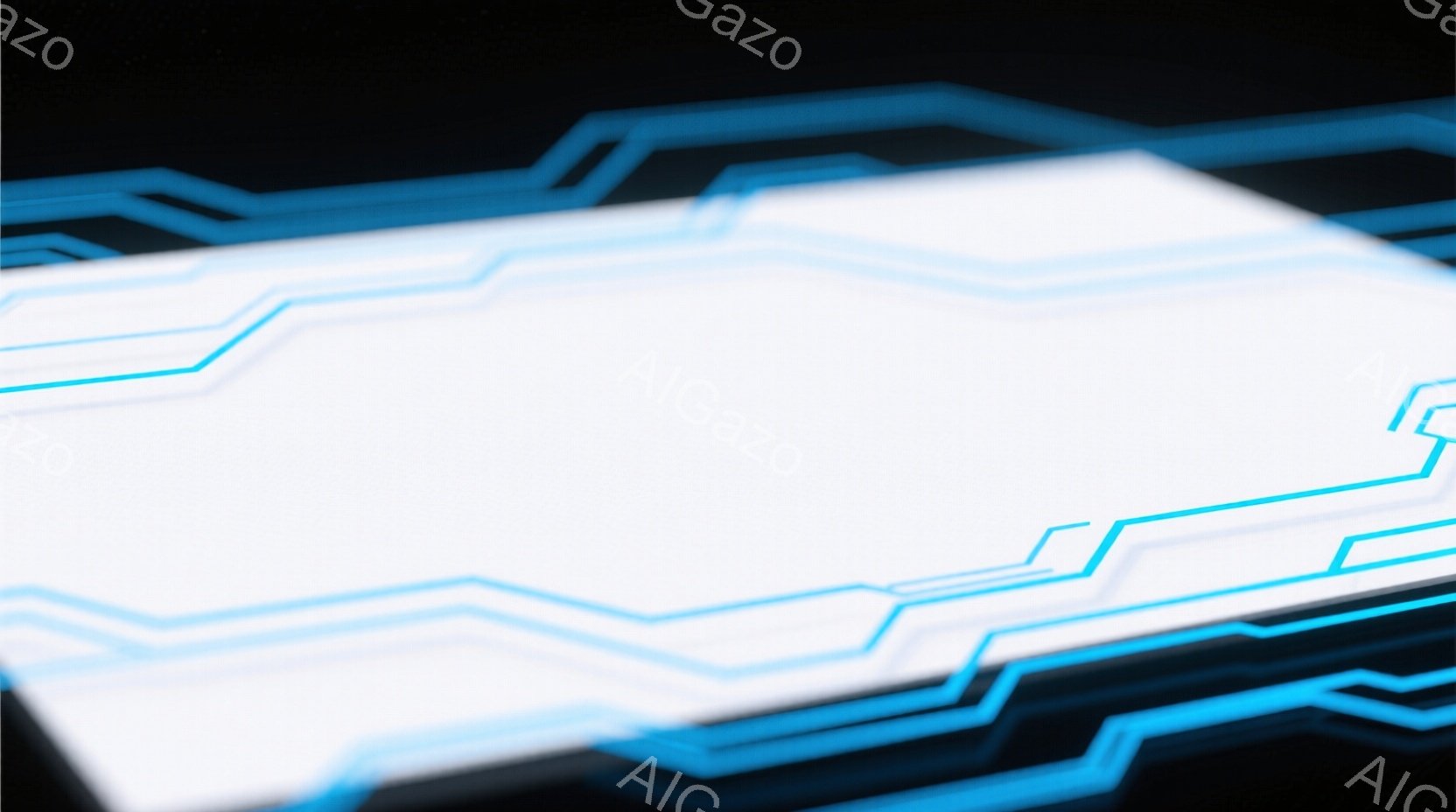 鮮やかな青色の発光するラインが、黒い背景に浮かぶ白い長方形の形状を縁取っています。白い面はわずかにテクスチャがあり、光沢を帯びた印象を与え、未来的なインターフェースやテクノロジーを連想させます。 全体 - AI生成フリー素材