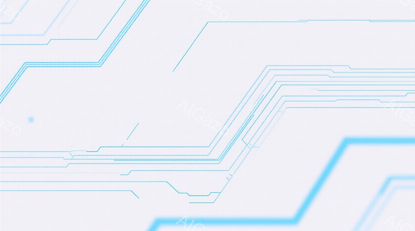 この画像は、白背景に青い線が複雑に交差する抽象的なデザインです。線はまるで回路や電子基板のパターンを連想させ、未来的なテクノロジーのイメージを想起させます。全体的にシンプルでありながら、緻密な構造が印象的な、クールで洗練された雰囲気です。