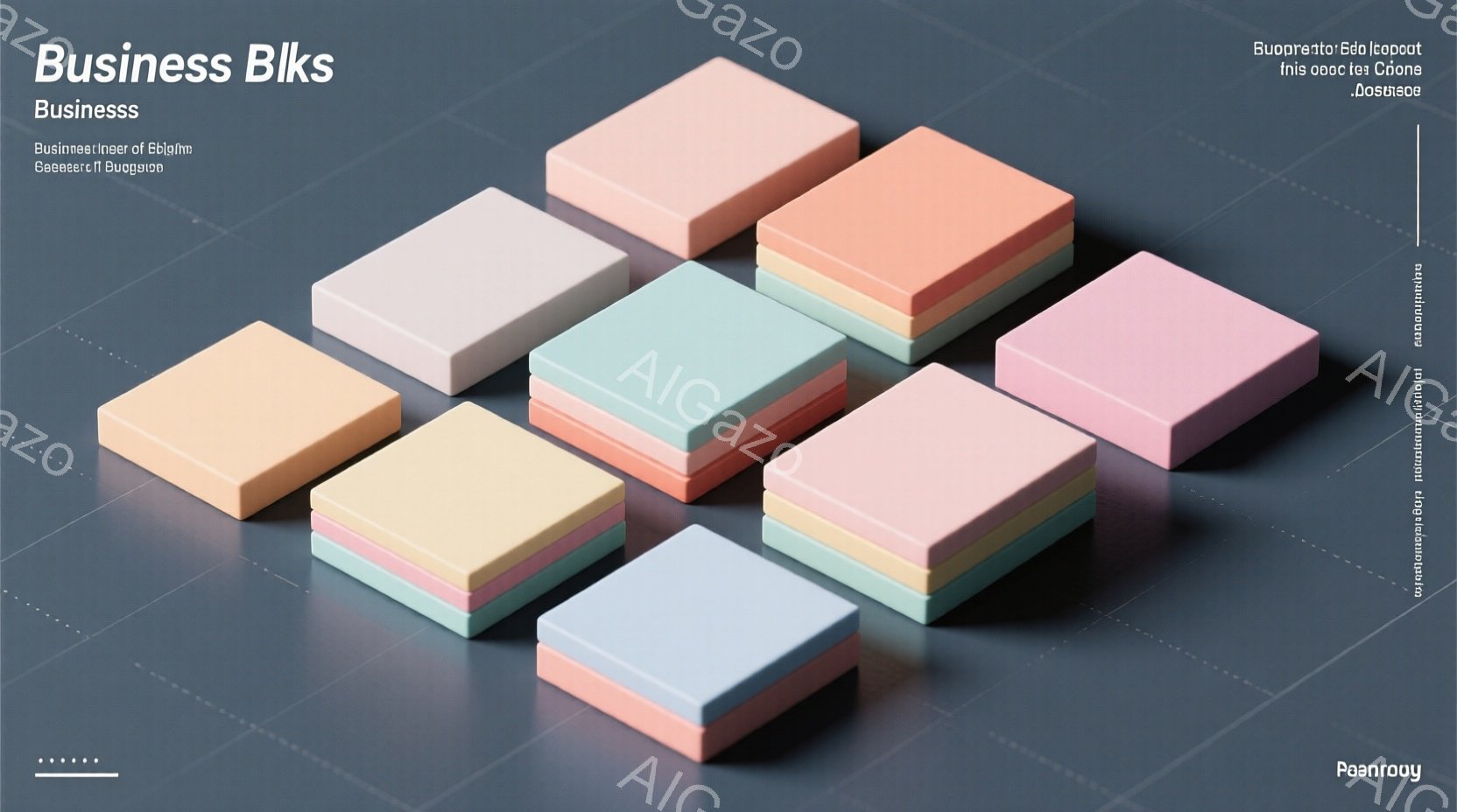 この画像は、様々なパステルカラーの立方体が積み重なって構成された抽象的な表現です。立方体は薄いピンク、薄い緑、薄いオレンジ、薄い青など、穏やかで柔らかな色合いで、互いに少しずつずれて配置されています。背景は暗いグレーで、立方体の色を際立たせており、全体としてミニマルで現代的な雰囲気を醸し出しています。