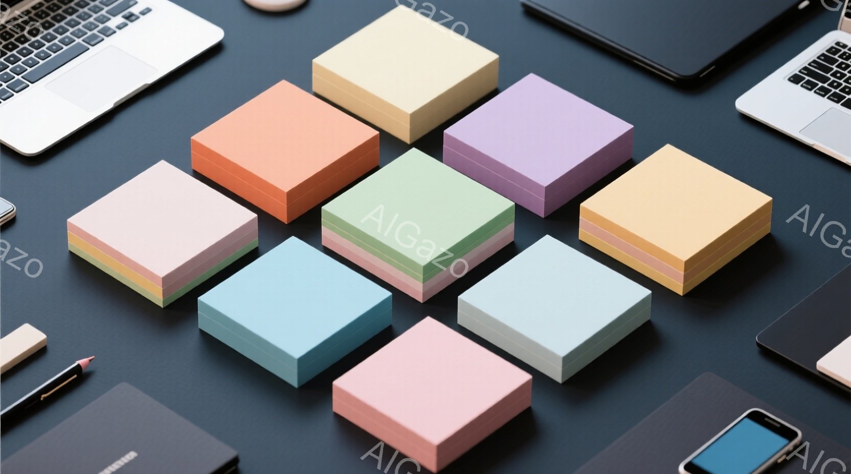 濃いグレーの背景に、パステルカラーの正方形の付箋が並べられています。ノートパソコンやスマートフォンも一部見えており、仕事や勉強の準備をしているような雰囲気です。全体的に落ち着いた色合いで、整理整頓された空間が表現されています。