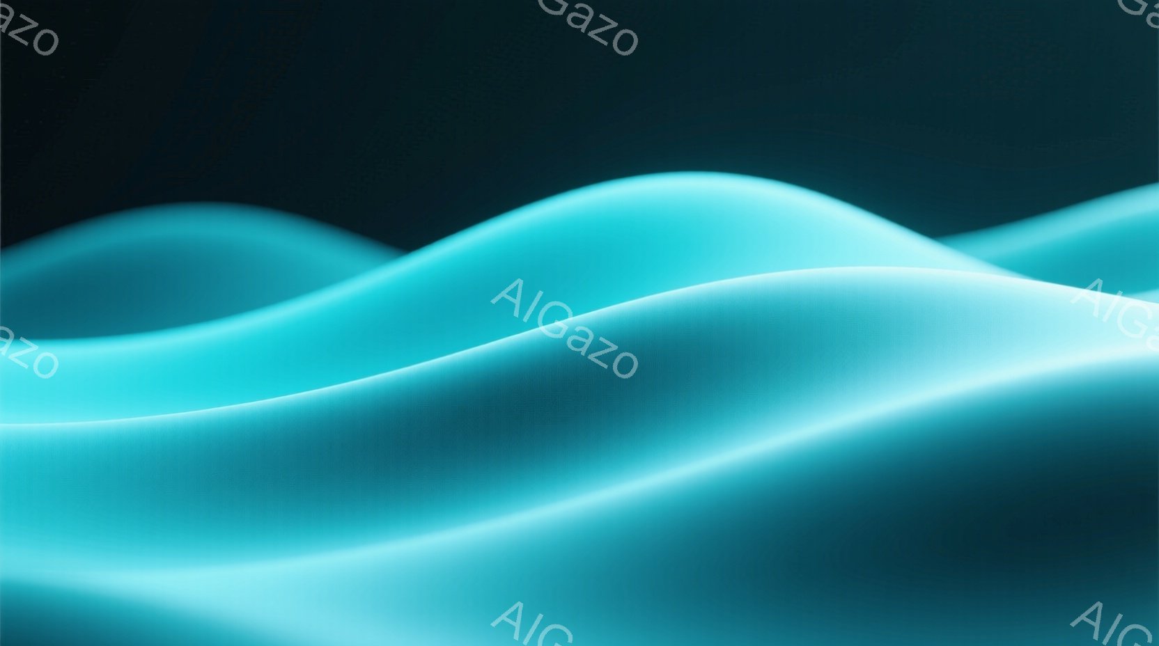 滑らかな青緑色の曲線が画面全体を占めており、まるで光が水面を波打つように見える。陰影のグラデーションが曲線に立体感を与え、柔らかく流れるような印象を与える。背景は暗く、曲線が際立っており、神秘的で夢幻的な雰囲気を醸し出している。