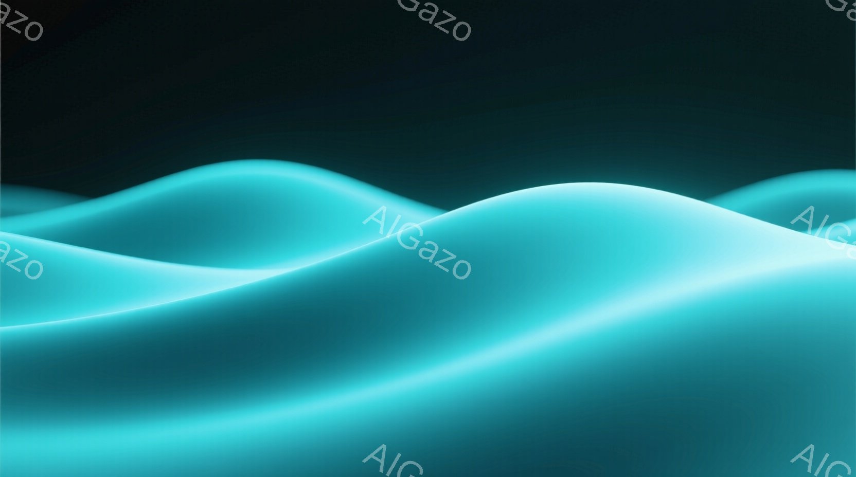 光沢のあるターコイズブルーの曲線が、背景の濃い青色のグラデーションを前に、まるで波のような形を作っています。曲線は滑らかで流れるようで、光の反射によって奥行きと立体感が強調されています。全体として、静かで夢幻的な、あるいは水の底のような雰囲気を醸し出しています。