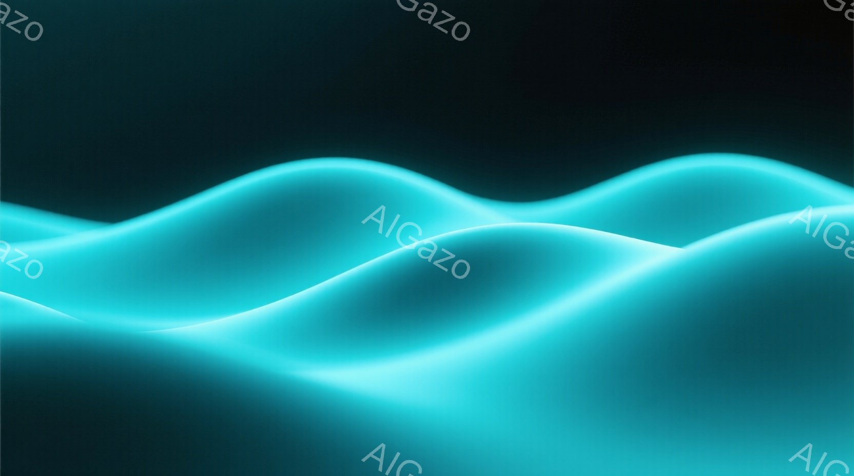 鮮やかなターコイズブルーの流れるような曲線が、暗い背景に浮かび上がっている。光沢のある表面は、まるで水面や絹のような滑らかな質感を示唆し、幻想的な雰囲気を醸し出している。全体的に抽象的で、動きと静けさ - AI生成フリー素材