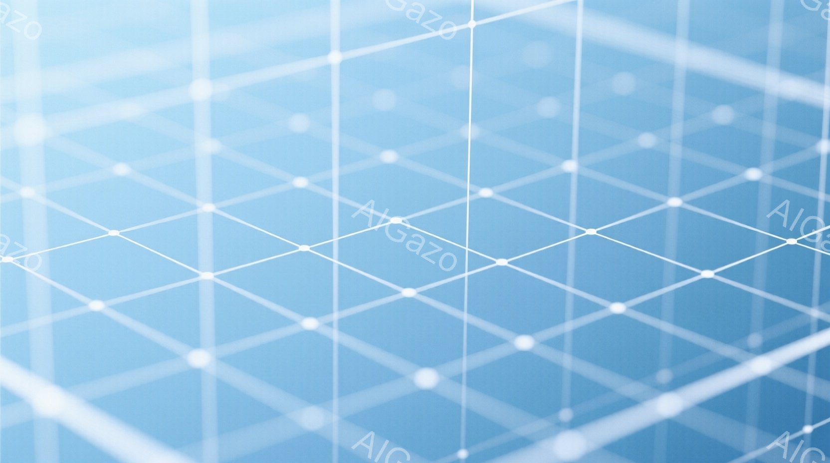 この画像は、青色のグラデーションを背景にした、白い線で構成された立方体構造のネットワークが広がっている様子を描いています。線は空間を均等に区切り、光が弱く反射して未来的な印象を与えます。全体として、クリーンでミニマルなデザインであり、テクノロジーや接続性を象徴しているように見えます。