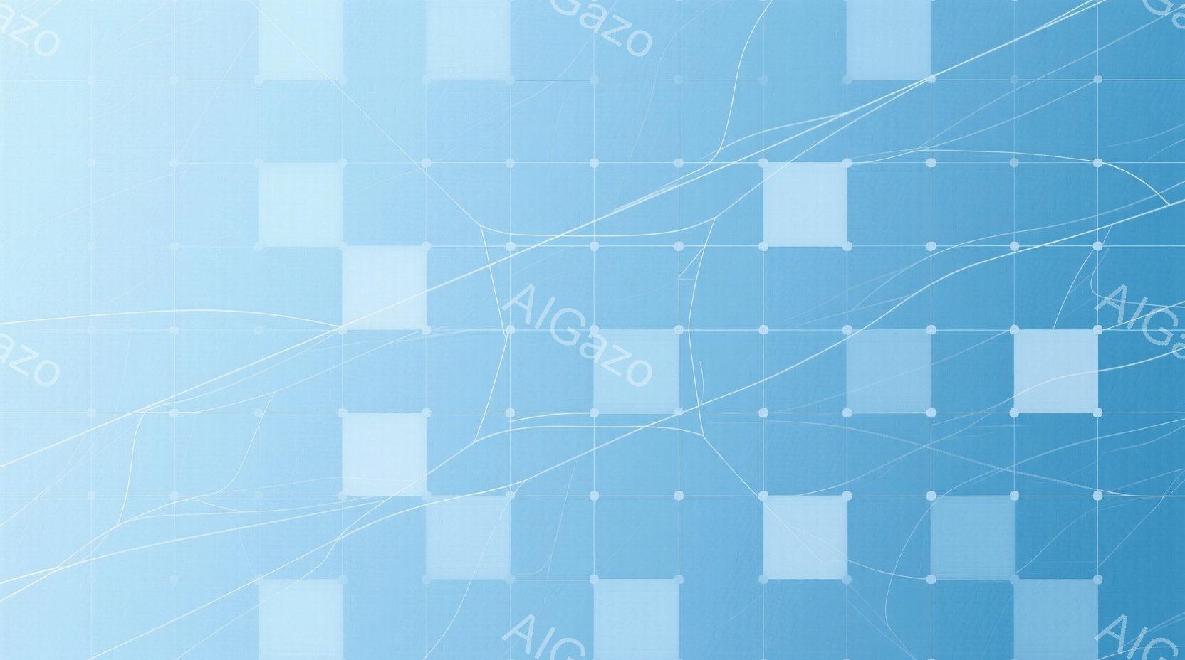 この画像は、明るい青色の背景に、白い小さな正方形が格子状に並べられています。正方形同士を結ぶように、うねった白い線が描かれ、まるでネットワークや接続を視覚化したような印象を与えます。全体的に、シンプルで未来的な、クリーンな雰囲気です。