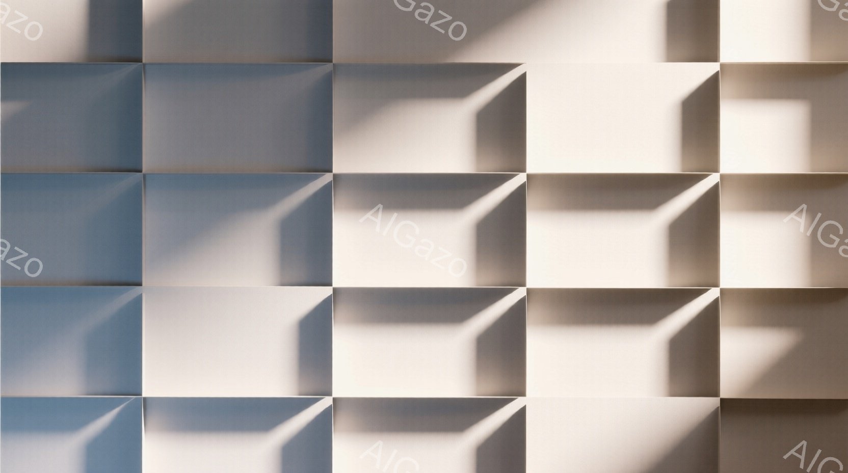 画像は、均等な正方形のグリッドで構成された抽象的な壁面を捉えています。各正方形は、光と影によって立体的に表現されており、奥行きのある視覚効果を生み出しています。全体的に、ミニマルで現代的な雰囲気であり、幾何学的なパターンが特徴的です。