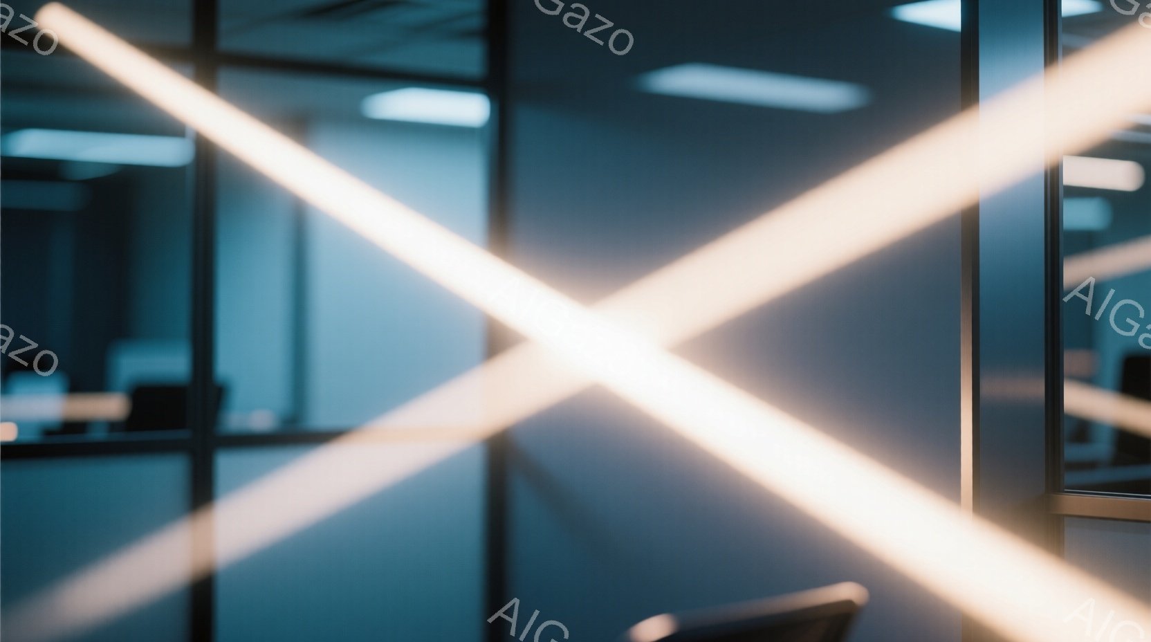 室内空間の抽象的な光の描写で、明るい白色の光線が交差して画面を大胆に分割している。背景は、オフィスのような空間の一部で、ぼやけた椅子や壁がわずかに見える程度で、光の強さによって大部分が隠されている。全 - AI生成フリー素材