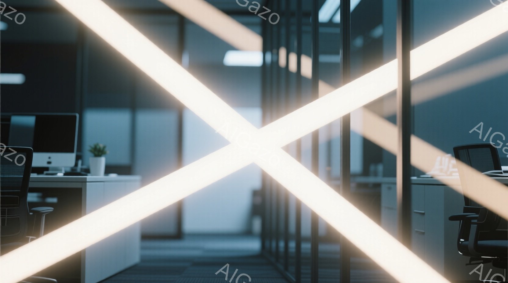 オフィス空間が写っており、白を基調としたモダンな内装が印象的です。デスクや椅子が整然と並び、落ち着いた雰囲気の中で仕事に集中できる空間であることが伺えます。明るい蛍光灯の光がオフィス全体を照らし、清潔感と開放感を与えています。