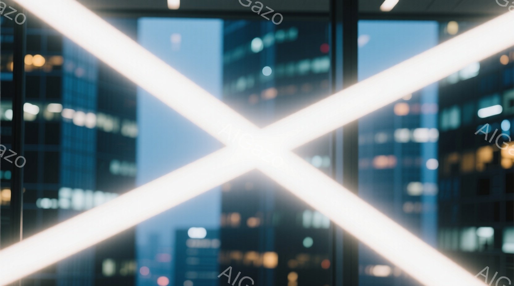 この画像は、高層ビル群を背景にした抽象的な光の構成です。白く光る線がX字型に交差しており、背景の建物の窓から漏れる光がぼんやりと見えます。全体的に現代的で、都会の夜景を想起させる洗練された雰囲気です。