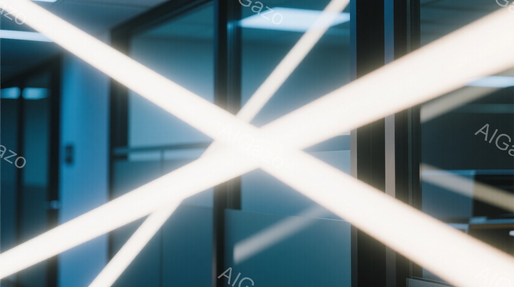 この画像は、白く光る棒状の照明が交差する抽象的な構図です。背景には、ぼやけたガラス張りの壁と通路が見え、室内空間を示唆しています。全体的にクールでモダンな雰囲気があり、光と影のコントラストが特徴的です。