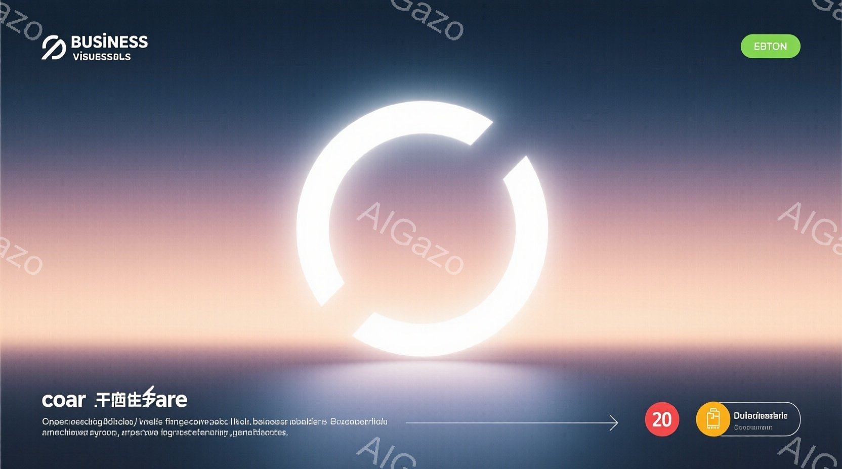 濃い青色のグラデーションが広がる背景に、中央に白い光輪のような円が配置されています。光輪は内側から外側に向かって徐々に光が弱まり、幻想的な雰囲気を醸し出しています。左上には「coar」という文字とビジネス関連のロゴ、右上には「ETON」という文字が配置されています。