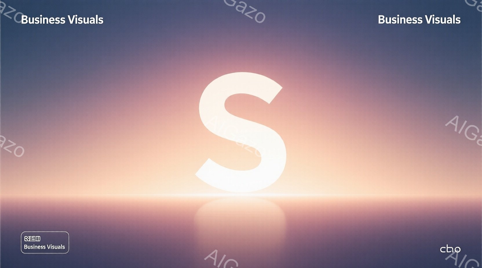 この画像は、水平線上に巨大な白文字の「S」が浮かび上がる抽象的な構成です。背景は、薄いピンク色からオレンジ色、そして紫色のグラデーションが施され、まるで夕焼けのような穏やかな雰囲気を作り出しています。光の反射が水平線付近にぼんやりと見られ、全体として夢幻的でミニマルな印象を与えます。