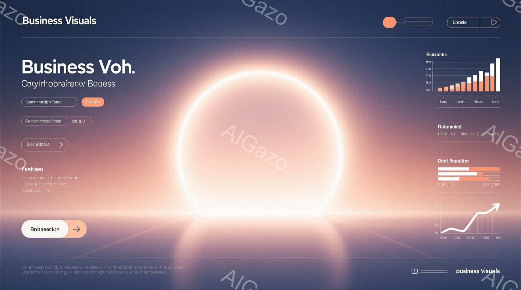 この画像は、カラフルなグラフとテキストラベルが配置されたビジネスビジュアルの例です。グラフは棒グラフ、折れ線グラフ、面積グラフなどがあり、データ分析やプレゼンテーションに使用されることを示唆しています。全体的に、プロフェッショナルで視覚的に訴求力のあるデザインで、ビジネスシーンでの利用を想定していると思われます。