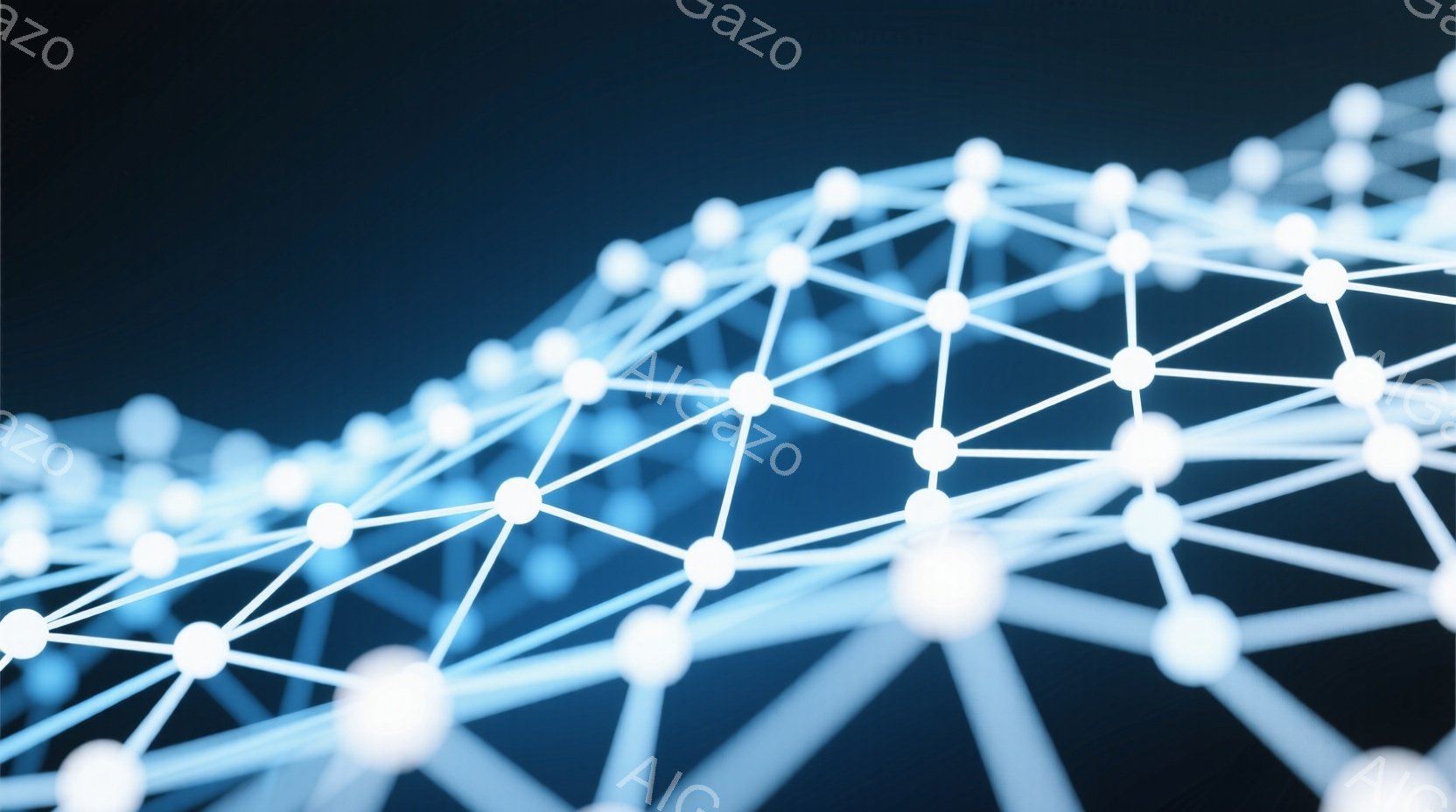 鮮やかな青色の線と白い球体で構成されたネットワークが、暗い背景を背景に浮かび上がっています。球体は互いに繋がり、複雑な構造を作り出し、まるで未来的な回路や神経網を想起させます。全体的に、テクノロジー、接続性、そして抽象的な美しさを表現した、クールで洗練された印象を与える画像です。