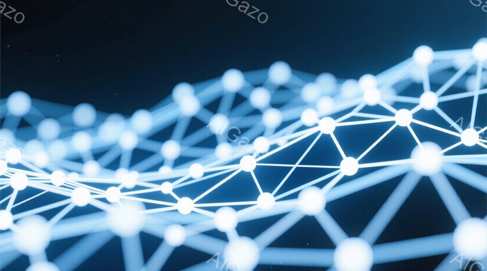 白い光る球体が線で結ばれ、複雑なネットワークを形成している様子が描かれています。球体は、互いに繋がり、まるでデジタルな構造物や神経回路網を連想させます。背景は暗く、そのコントラストによってネットワーク - AI生成フリー素材