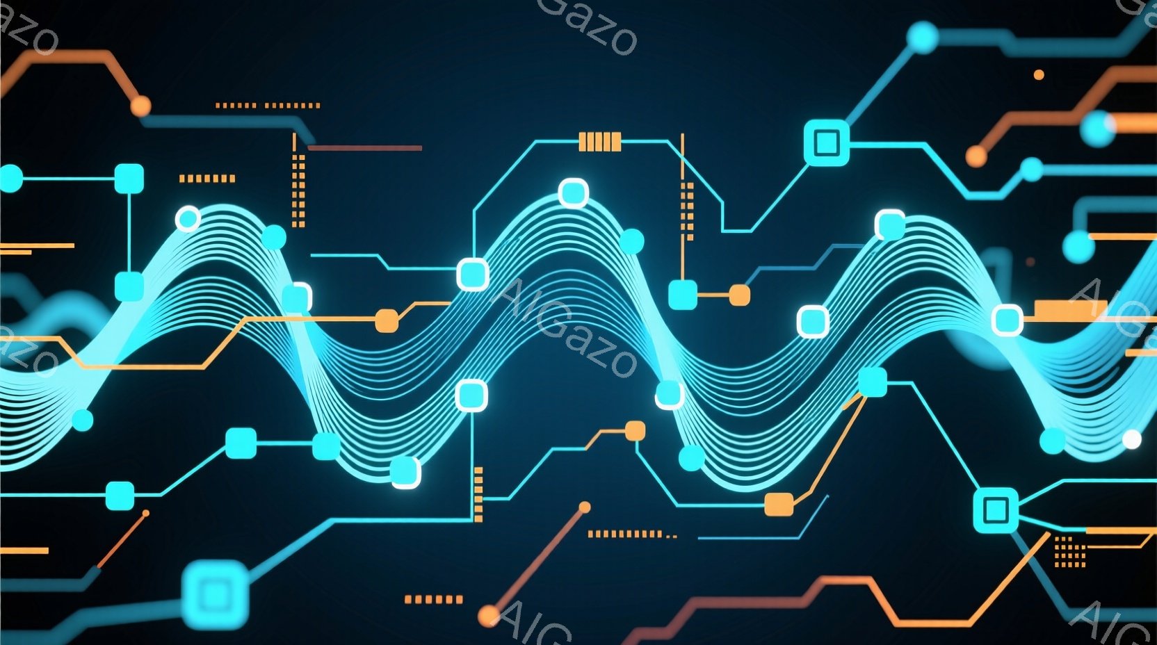 鮮やかな青とオレンジの線が複雑に絡み合い、電子回路のような抽象的な模様を描いています。波状の青い線は、まるで音波やエネルギーの流れを視覚化したかのようです。背景は濃い青色で、全体的に未来的なテクノロジ - AI生成フリー素材