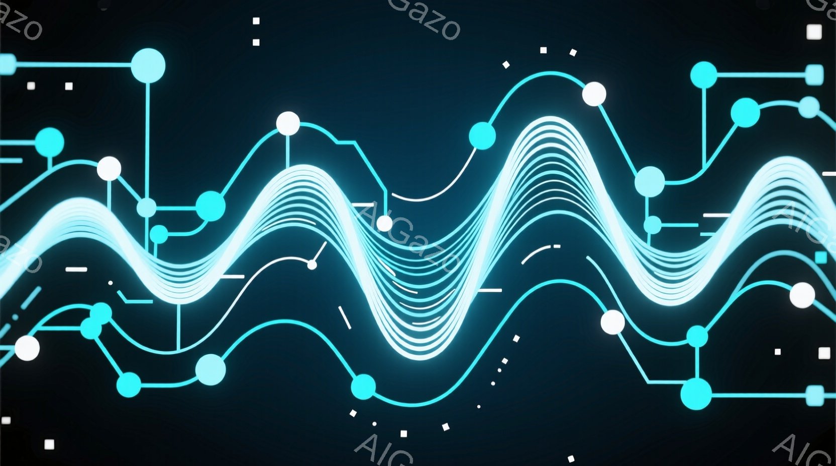 鮮やかなターコイズブルーの波線が、暗い濃い青色の背景を複雑に織りなしている抽象的なイメージです。線は、明るい青色の円で繋がれ、小さな白い点や短い線が散りばめられ、サイバー空間やネットワークのような未来 - AI生成フリー素材