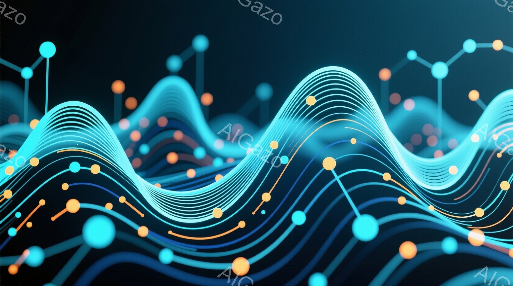 鮮やかな青色の線が波のようにうねっており、オレンジ色の点線と青色の球体がそれらに接続されている抽象的なイメージです。背景は暗く、線と球体が際立って見え、未来的なテクノロジーやネットワークを連想させる雰囲気があります。全体として、流動的でダイナミックな視覚効果を生み出しています。