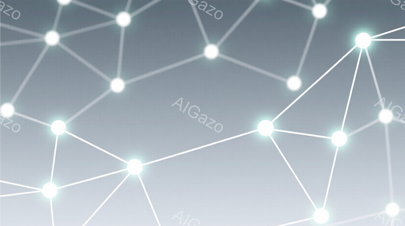 ぼんやりとしたグレーのグラデーションを背景に、光る白い点が線で結ばれたネットワークのような模様が広がっています。線は点と点を繋ぎ、まるで神経細胞や星空のようにも見えます。全体的に未来的で、テクノロジーや繋がりを連想させる静かで穏やかな雰囲気です。