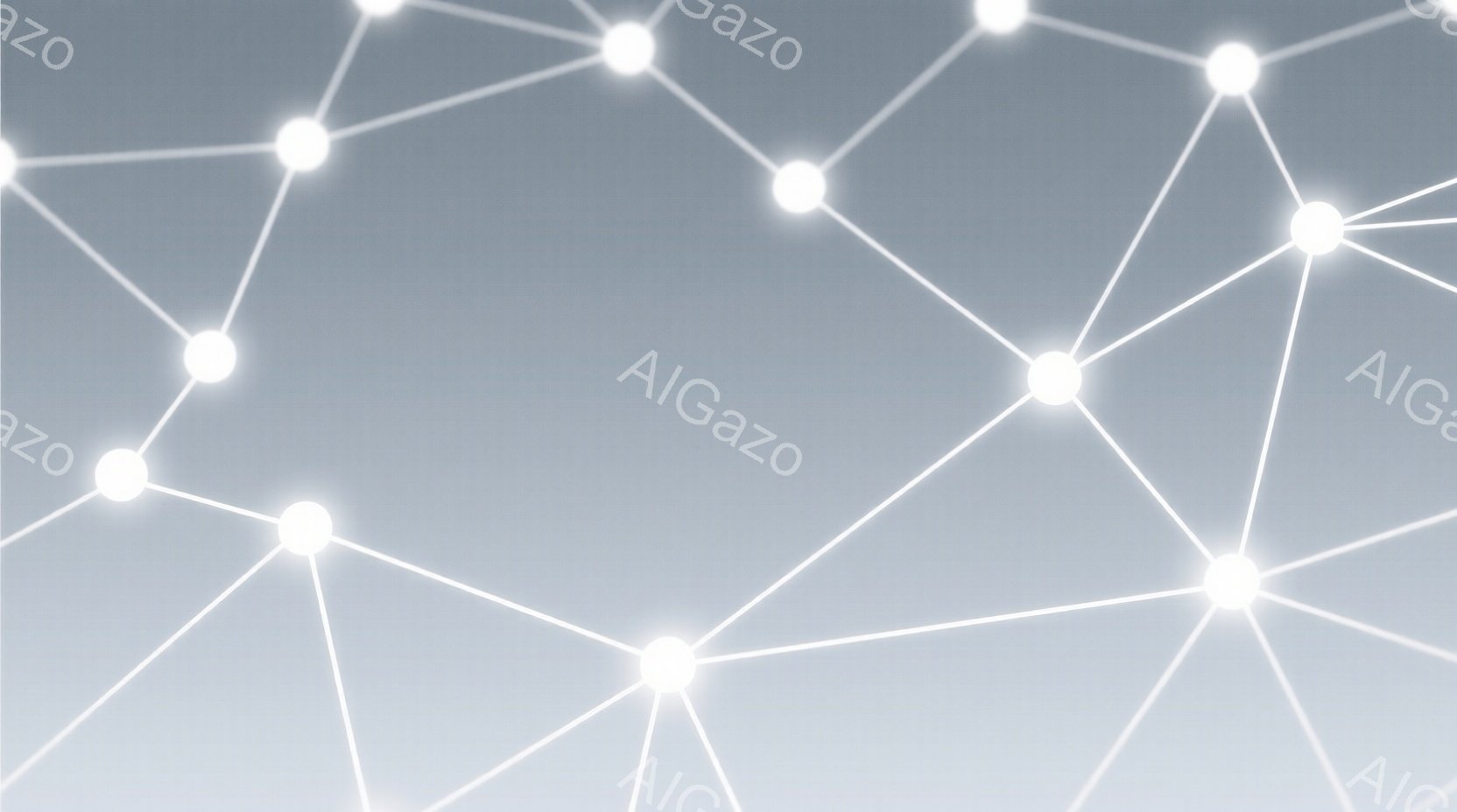 白い光の点が線で結ばれ、ネットワークのような構造を形成しています。背景は淡いグレーで、全体的に未来的な印象を与えます。光の点は、まるで星屑のように散りばめられ、静かで神秘的な雰囲気を作り出しています。