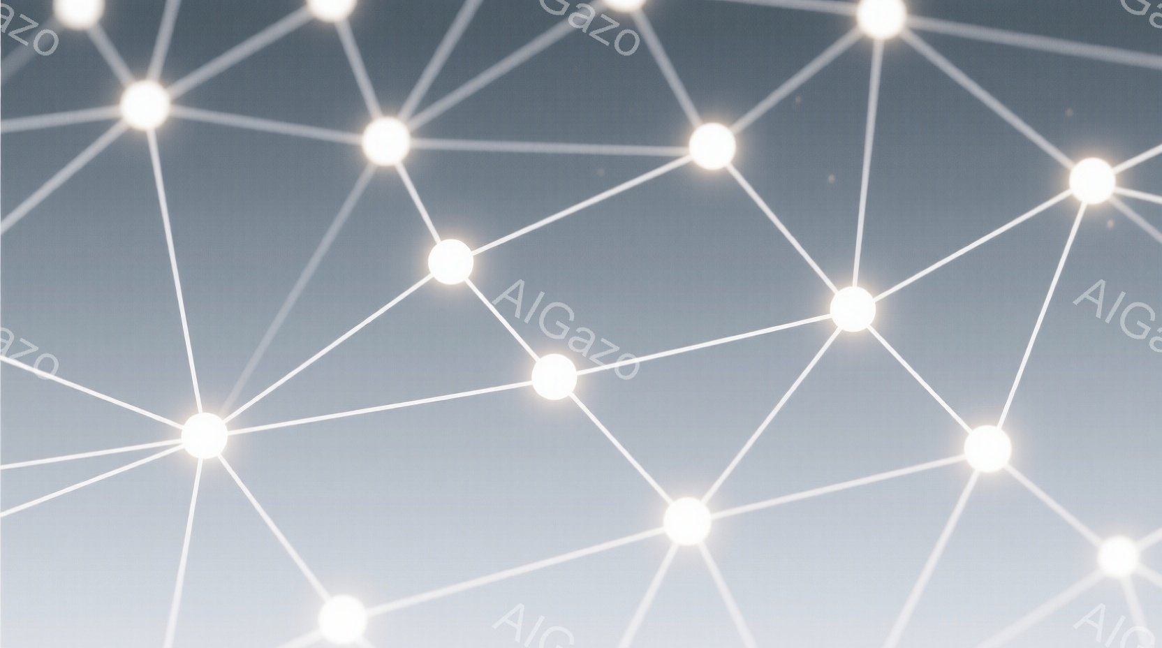 この画像は、白く光る点が線で繋がったネットワークのような抽象的な表現です。背景はグラデーションで、薄いグレーから徐々に濃くなる青色へと変化しており、未来的な印象を与えます。 全体的に冷たく、静かで、技術的な繋がりや情報ネットワークを連想させる雰囲気です。