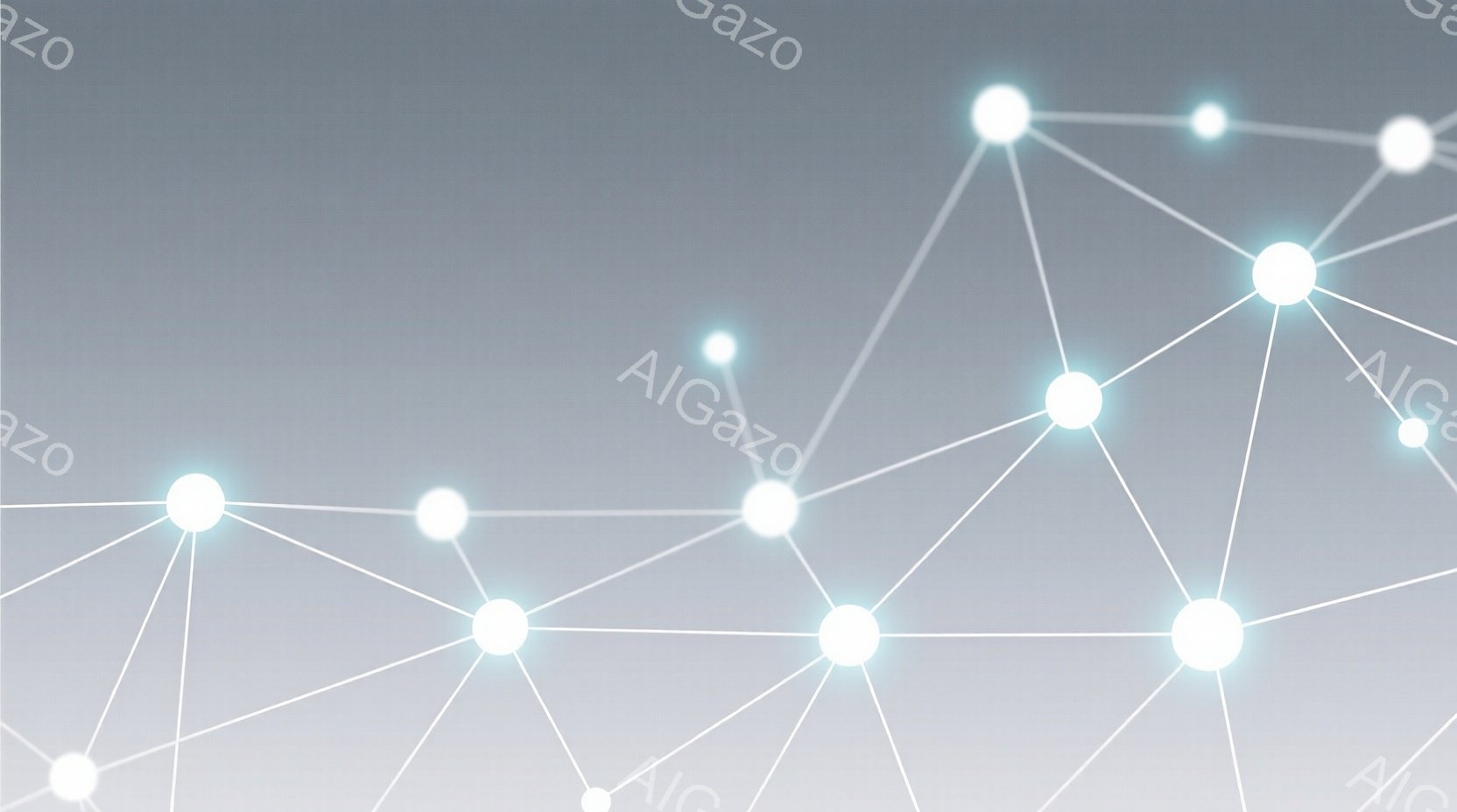 白い光のノードが線で繋がれたネットワークが、灰色のグラデーションの背景に浮かび上がっています。ノードは均等に配置されておらず、有機的な繋がりを思わせる形状をしています。全体的に、未来的なテクノロジーやデータ接続、あるいは神経回路網のような抽象的な概念を表現しているように見えます。