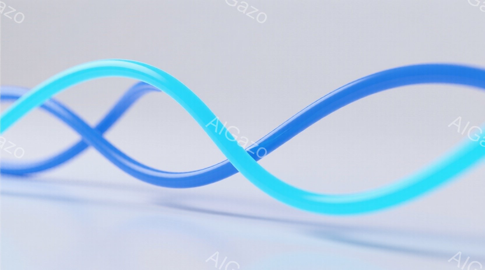 鮮やかな青と水色の曲線が絡み合い、まるで無限大の記号のような形状をしています。背景は白く滑らかな表面で、曲線が際立っています。全体的にシンプルで未来的、そしてダイナミックな雰囲気です。 - AI生成フリー素材