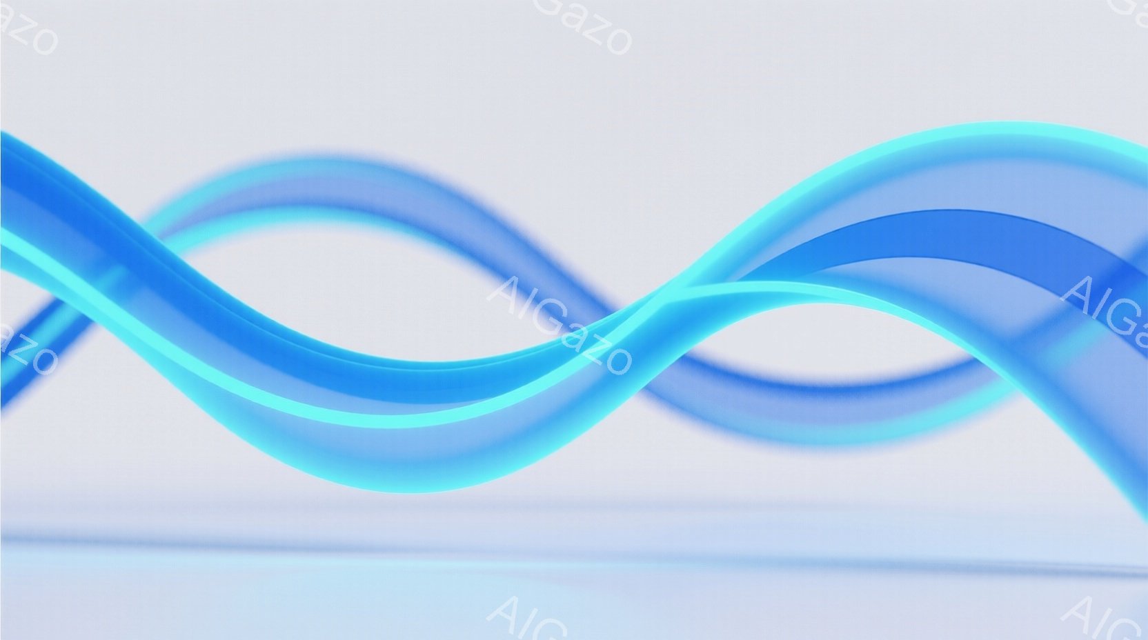 この画像は、鮮やかな水色のリボンが曲線を描き、互いに絡み合う様子を捉えています。背景は淡いグレーで、リボンが浮き立つような効果を生み出しており、全体的に滑らかで流れるような印象を与えます。光沢のある質 - AI生成フリー素材