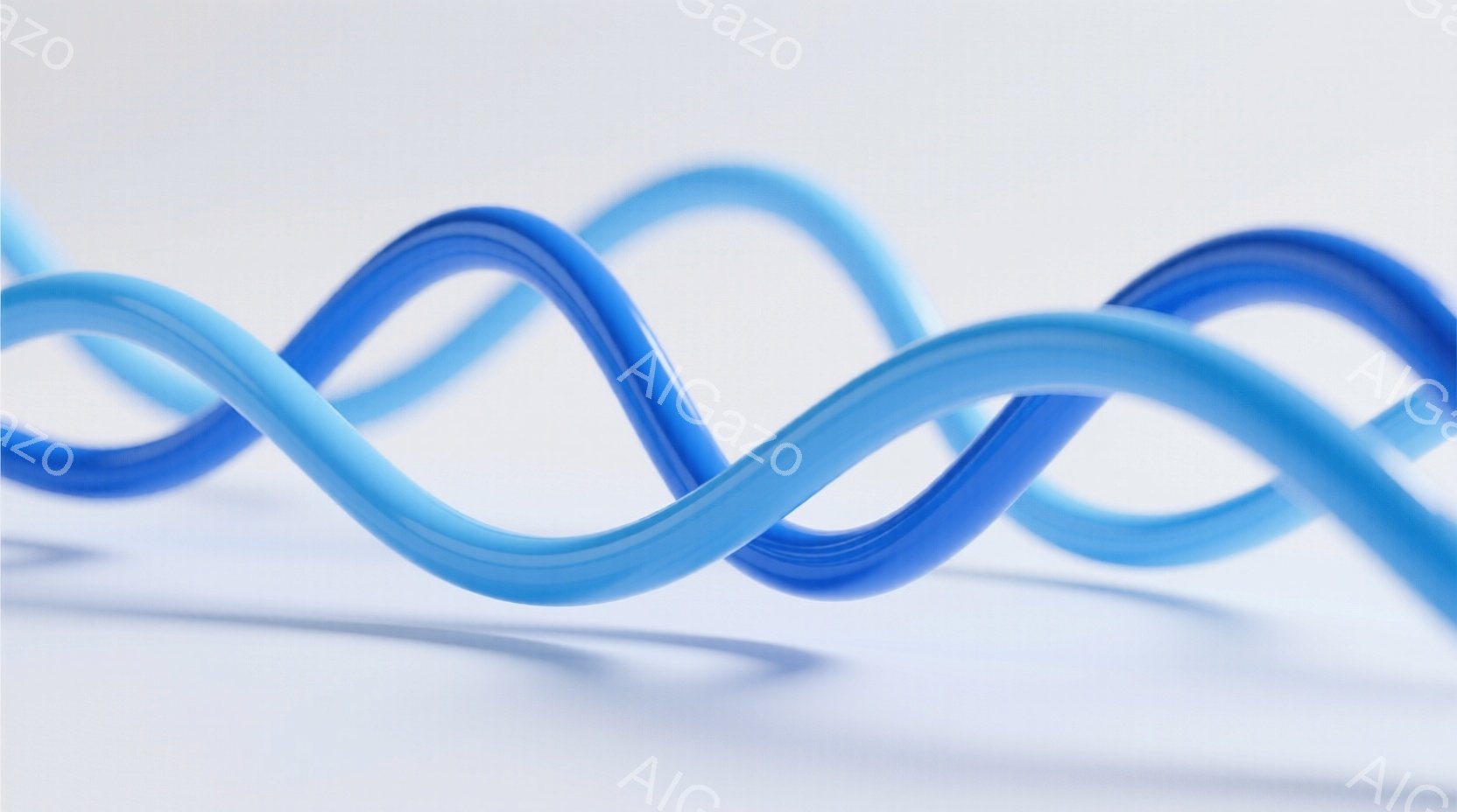 鮮やかな青と濃い青の曲線が絡み合い、滑らかな光沢を放っている。背景は白く、曲線が際立ち、まるで液体金属のような印象を与える。全体として、シンプルながらもダイナミックで、洗練された雰囲気である。