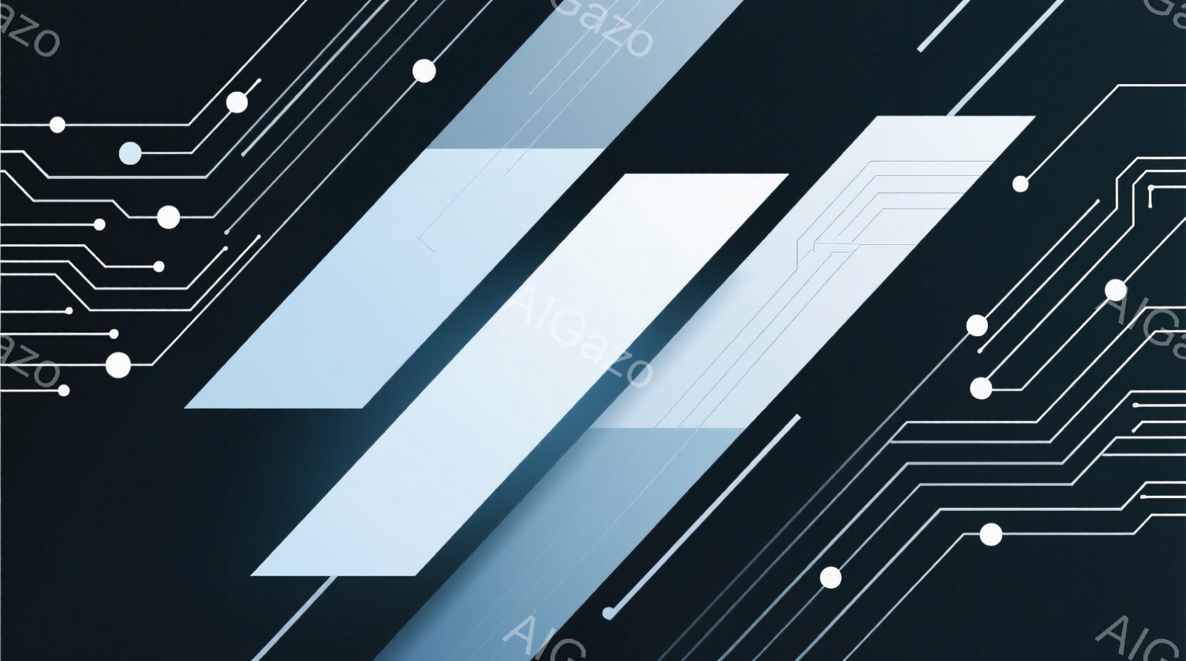 鮮やかな青色の帯が斜めに複数並び、抽象的なデザインを構成している。背景は黒で、細い白い線が回路のようなパターンで描かれている。全体的に未来的でテクノロジーを感じさせる雰囲気である。 - AI生成フリー素材