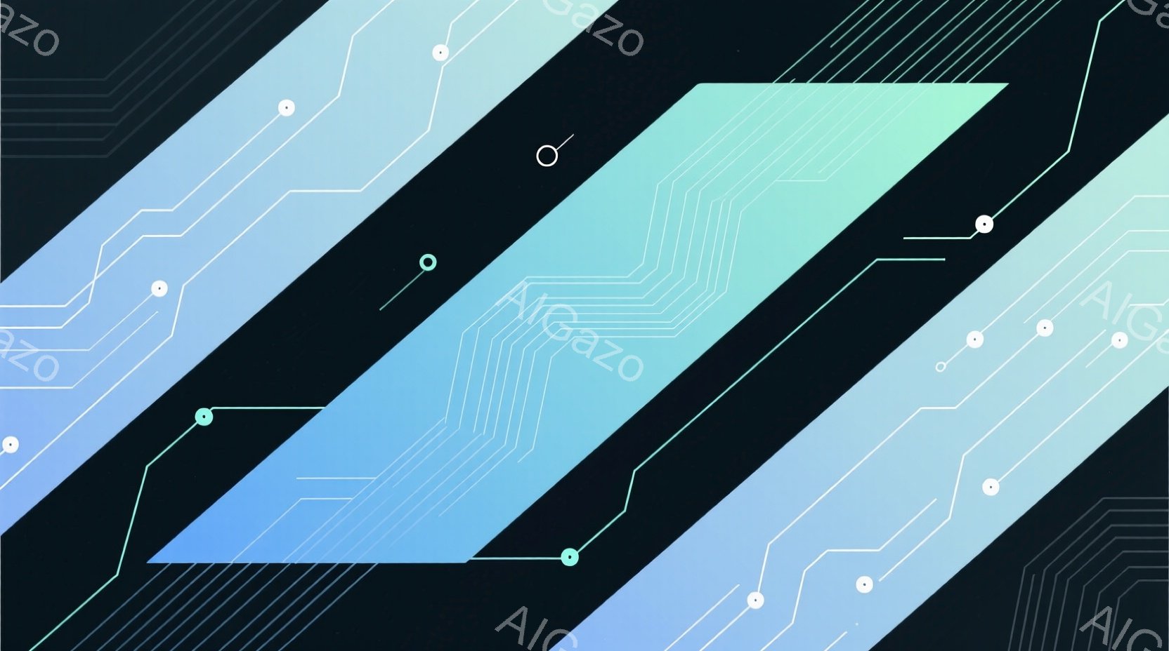 この画像は、暗い背景に斜めに走る複数の明るい青色の線で構成されています。線は、電子回路のパターンを彷彿とさせ、線路の接続点には小さな白い円があります。全体的に、未来的でテクノロジーを感じさせる、幾何学 - AI生成フリー素材