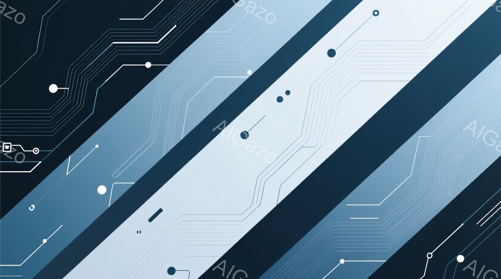 この画像は、青とグレーのグラデーションで構成された抽象的な背景です。白い線が斜めに走り、小さな白い円形のノードが線上に散りばめられています。全体的に未来的な印象を与え、テクノロジーや回路を連想させるデ - AI生成フリー素材