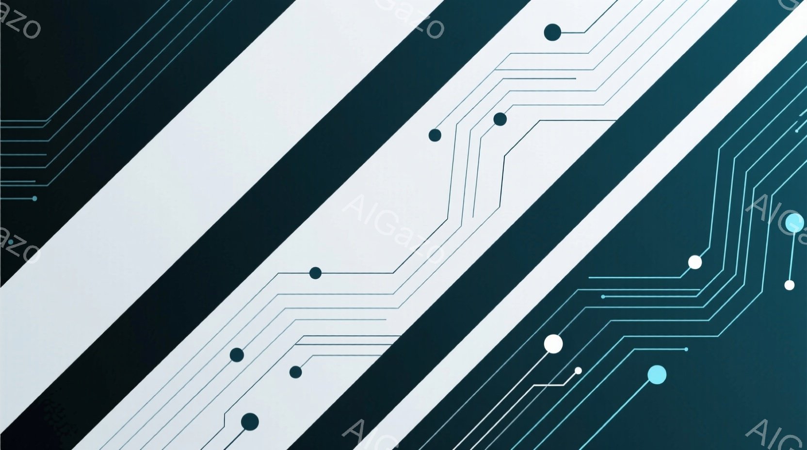 この画像は、斜めに走る太い帯が複数、白から濃い青色へとグラデーションで変化する抽象的な背景です。各帯の間には、細い線と小さな円形のドットが規則的に配置された回路のようなデザインが描かれています。全体的に未来的なテクノロジーやデジタル世界を連想させる、クールでミニマルな雰囲気です。