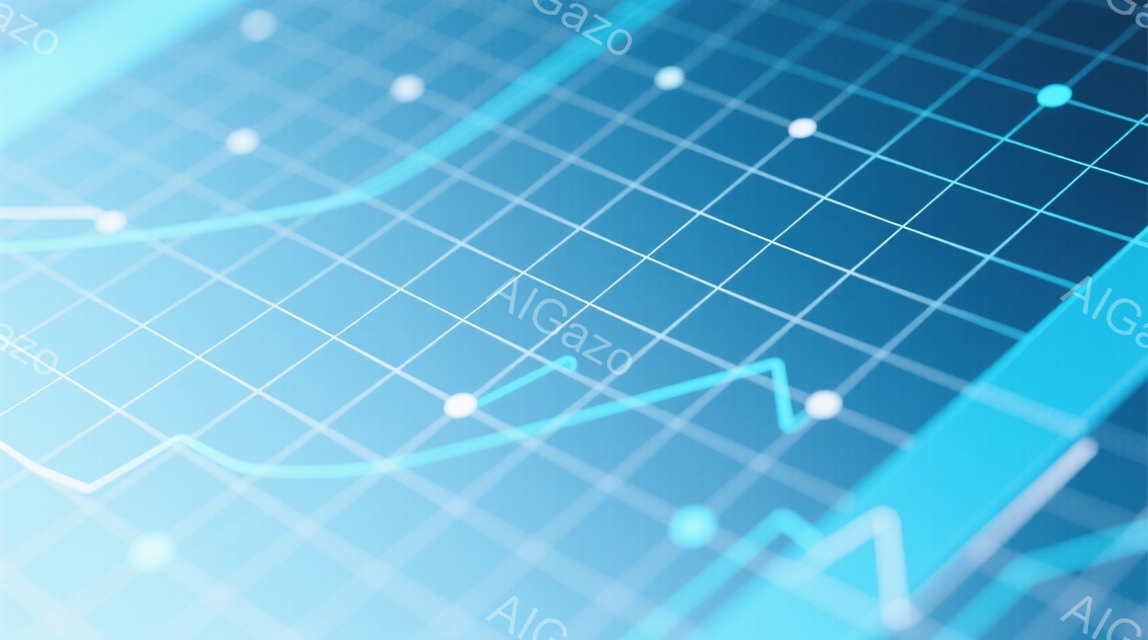 この画像は、青を基調としたグリッド状の背景に、白く光る折れ線グラフが複数描かれたものです。グラフは上昇と下降を繰り返し、データの変動やトレンドを表しているように見えます。全体的に未来的な印象で、金融、経済、テクノロジー関連の視覚表現として用いられる可能性が高いです。