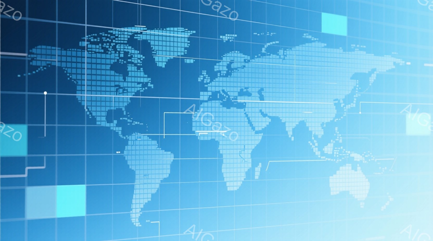 この画像は、青を基調とした世界地図をデジタルな格子状の線で表現したものです。大陸は小さな四角形が組み合わさって構成されており、未来的な印象を与えます。背景には、わずかに見える青い線が格子状に配置され、デジタルなネットワークのイメージを強調しています。