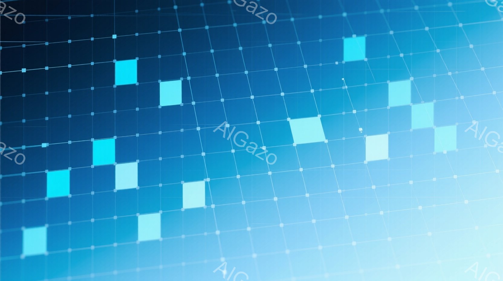 この画像は、青を基調としたグリッド状の抽象的な背景です。明るい水色の正方形が不規則に配置され、薄い青色の線で結ばれており、未来的なデジタル空間を想起させます。全体的にクールで落ち着いた雰囲気であり、テクノロジーやネットワークのイメージを喚起します。