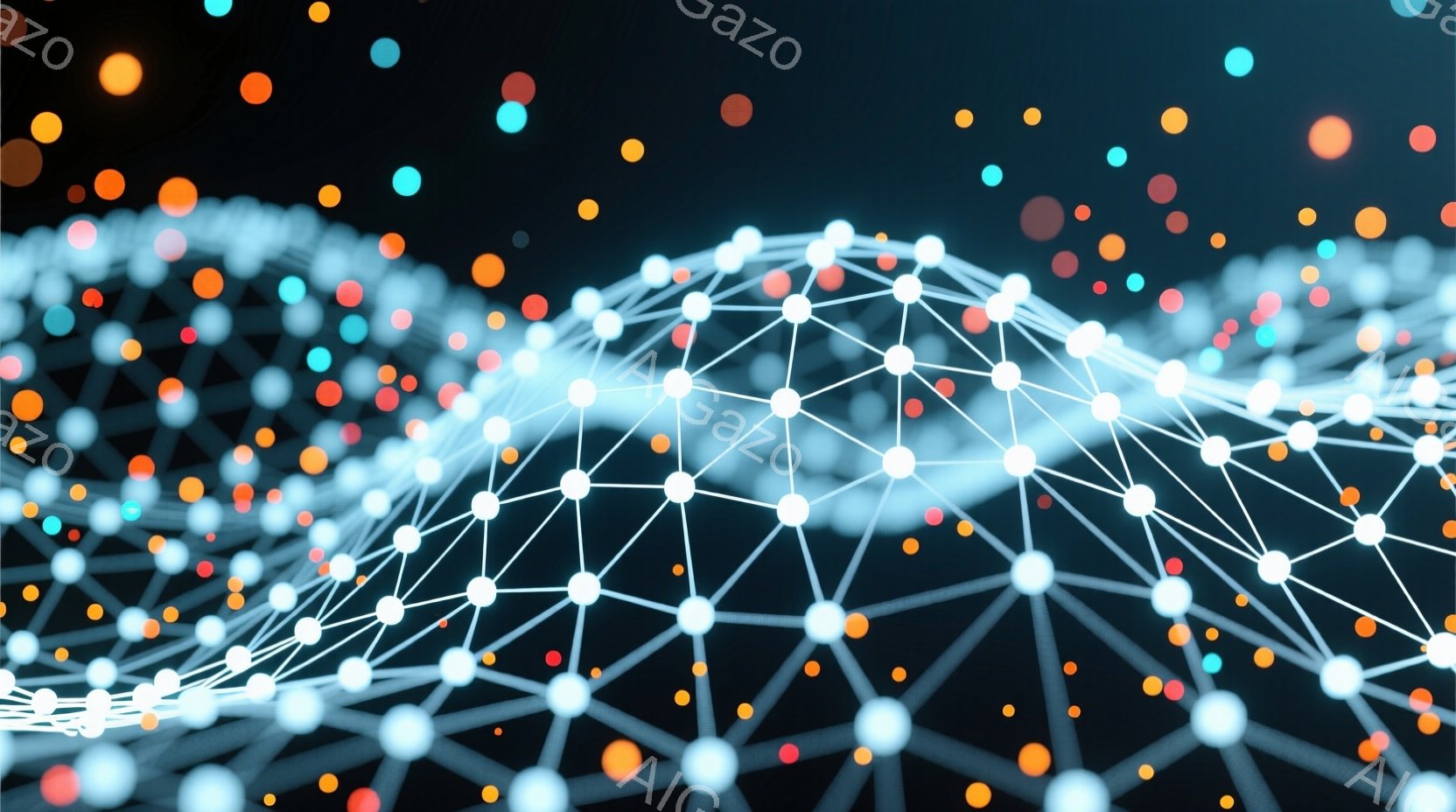 この画像は、暗い背景に浮かぶ、光る線と点のネットワークで構成された抽象的な風景を描いています。ネットワークは波のような形を作り出し、様々な色の光る粒子が周囲を漂い、未来的な、サイバー空間のような雰囲気を醸し出しています。全体として、接続性、データ、そしてデジタル世界の概念を視覚的に表現したイメージです。