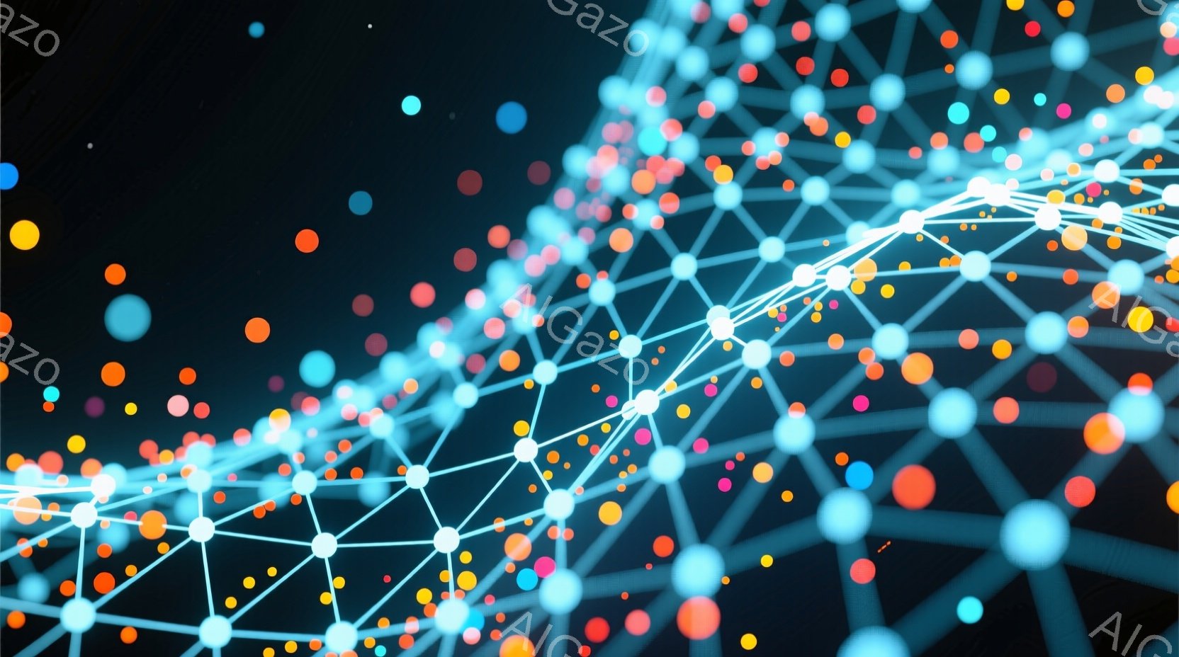 この画像は、暗い背景に輝く多色の球体が網の目のように繋がった抽象的なネットワークを描写しています。球体はオレンジ、青、ピンク、緑など様々な色合いを持ち、光の線で結ばれ、複雑な構造を作り出しています。全体的に近未来的な雰囲気で、データやコミュニケーション、あるいは神経回路網のようなイメージを喚起します。