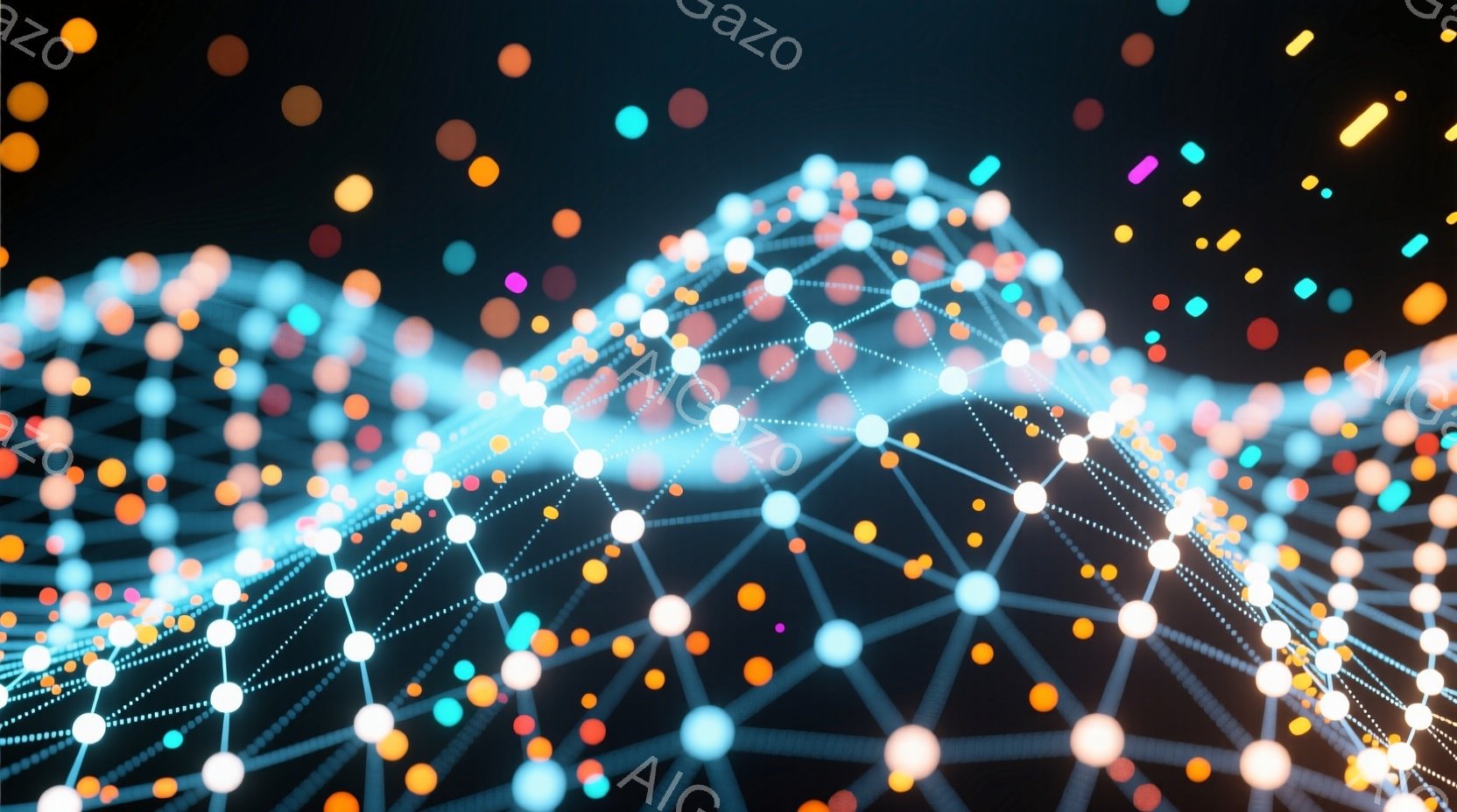 この画像は、暗い背景を背景に、光る粒子が網の目のように繋がって形成された、抽象的な光景を描いています。粒子は白、オレンジ、青など様々な色で輝き、複雑なネットワークを形成しており、まるでデジタル空間やデ - AI生成フリー素材