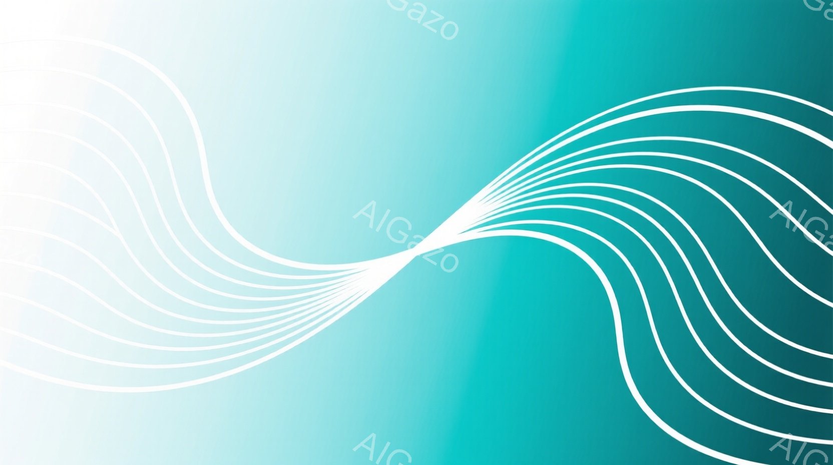 鮮やかなターコイズブルーから白へのグラデーションを背景に、白い線が放射状に広がっている抽象的な画像です。線は曲線を描き、まるで光やエネルギーの流れを表現しているかのようです。全体的に、軽やかで未来的な印象を与えます。