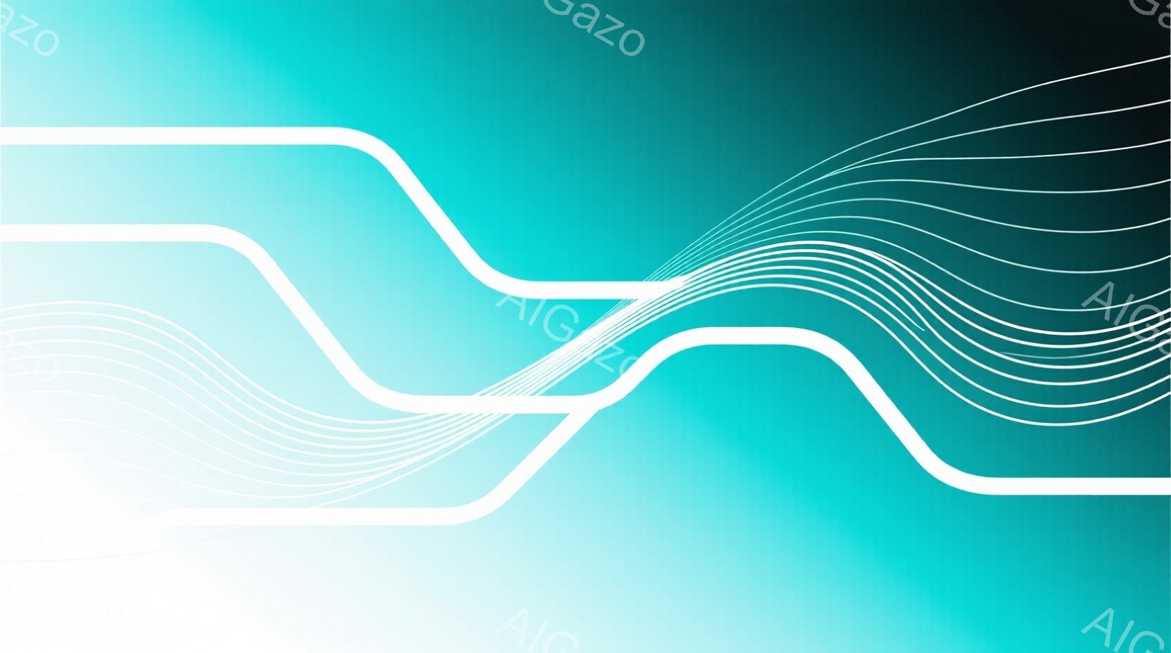 鮮やかな青緑色のグラデーションが背景に広がり、白い線が曲線を描いて重なり合っている。線は画面の左側から右側へと伸びており、奥行きと動きを感じさせる抽象的な構成となっている。全体的に穏やかで流れるような - AI生成フリー素材