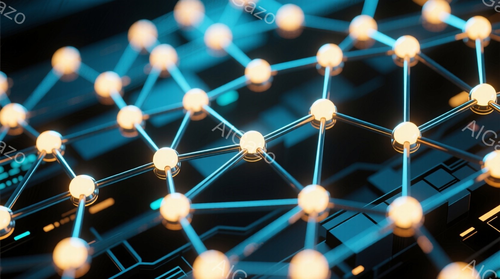 この画像は、光る黄色の球体で構成されたネットワークが、暗い背景に浮かび上がっている様子を捉えています。球体同士は細い白い線で繋がり、複雑な構造を形成し、まるでデジタル回路やニューラルネットワークを連想させます。背景には、不明瞭な電子回路のような模様が見られ、未来的なテクノロジーを想起させる雰囲気です。