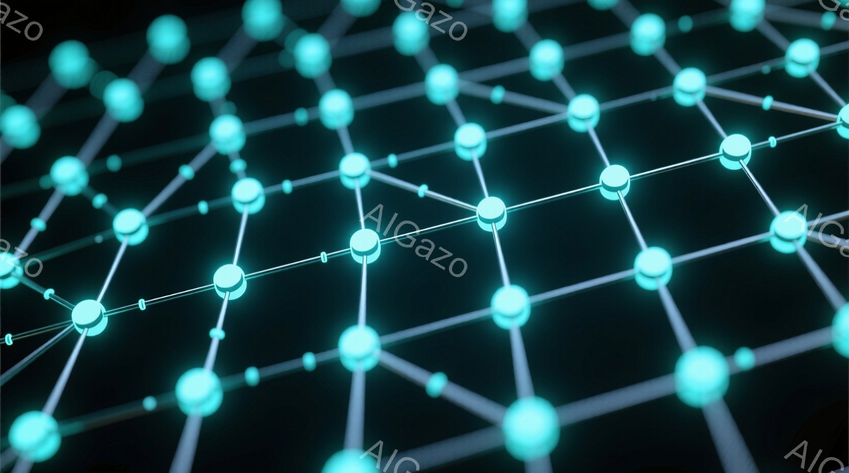 この画像は、明るい水色の球体が線で接続されたネットワーク構造をクローズアップしたものです。球体は均等に配置され、複雑な幾何学模様を形成しています。背景は暗く、ネットワーク構造が際立っています。