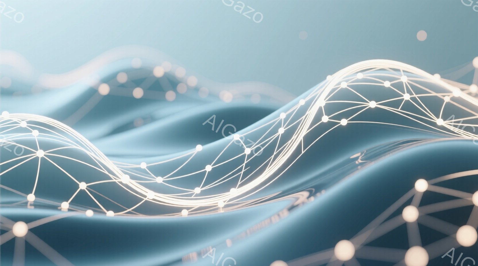 鮮やかなターコイズブルーの流れるような布地が、光る白い線で構成されたネットワークと重なり合っている。ネットワークは、小さな光の球体で結ばれた複雑な幾何学模様を描き、流動的な背景と対照的である。全体とし - AI生成フリー素材