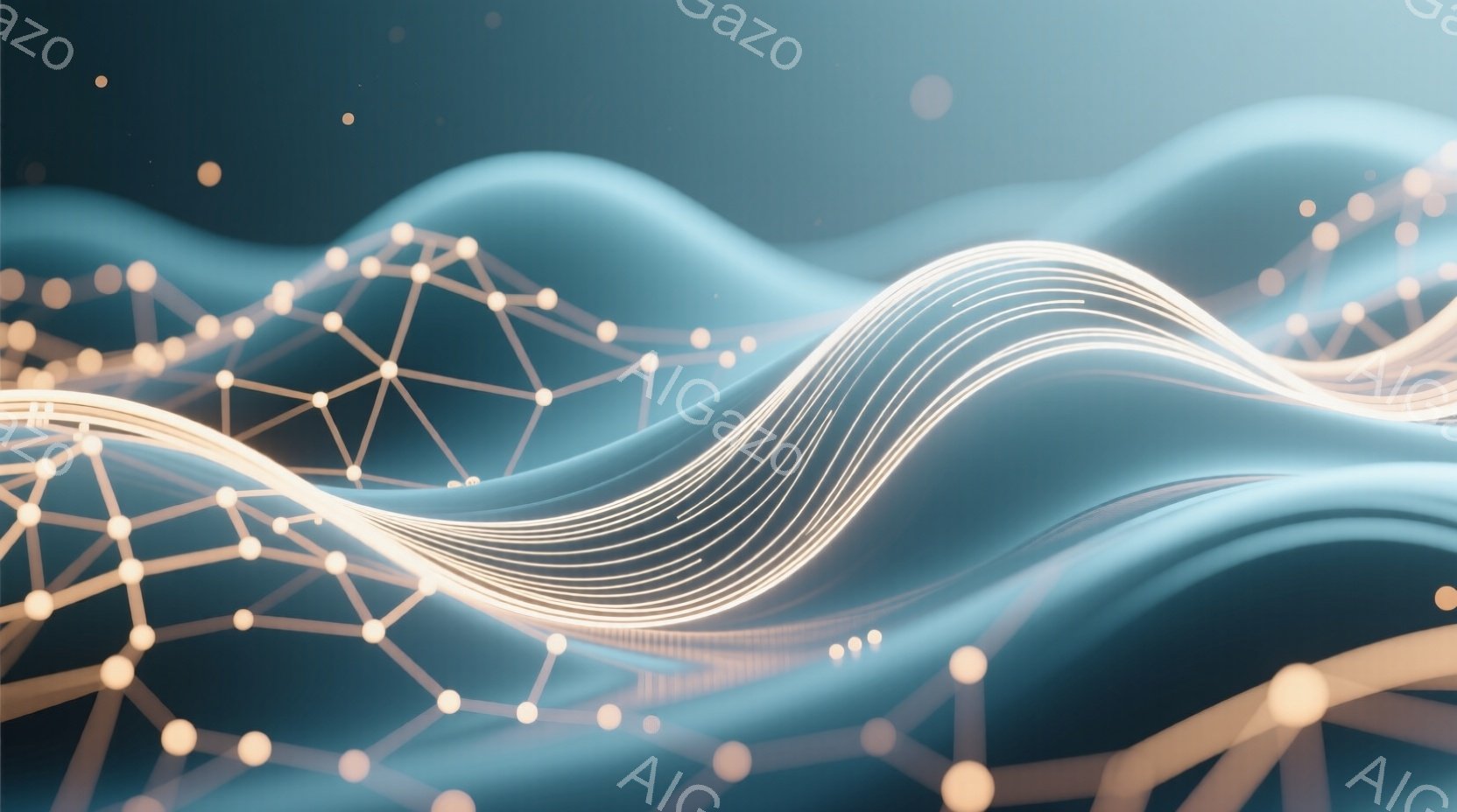 抽象的な背景画像で、流れるような青色の波と、光る金色の線、そして白い点と線で構成されたネットワークが描かれている。波は柔らかく、金色の線はエネルギーの流れを表現しているように見える。全体的に、未来的なテクノロジーと流動的な自然が融合した、幻想的で神秘的な雰囲気を醸し出している。