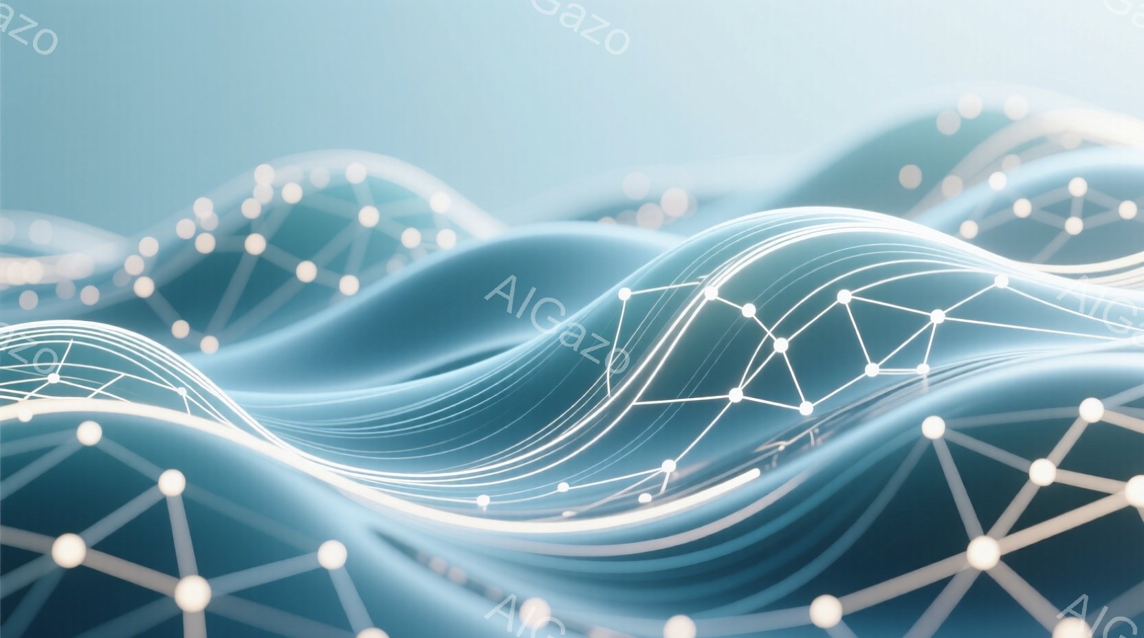 鮮やかな青色の流線形の線が、まるで波のように重なり合い、未来的なネットワークを形成している。白い光る粒子が線と線をつなぎ、複雑な繋がりを視覚化している。全体的に滑らかで流動的な印象を与え、テクノロジーと自然の融合を感じさせる抽象的なイメージである。