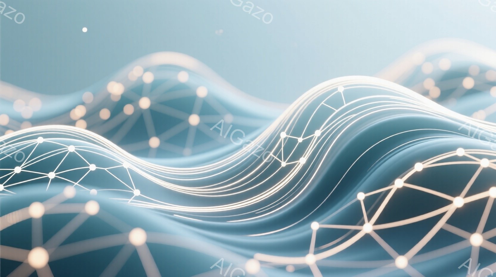 鮮やかな青色の背景に、光る白い線が波のような形を描き、複雑なネットワークを構成している。線は点と線で結ばれ、流れるような動きと繋がりを表現している。全体的に未来的な雰囲気で、エネルギーの流れや情報ネッ - AI生成フリー素材