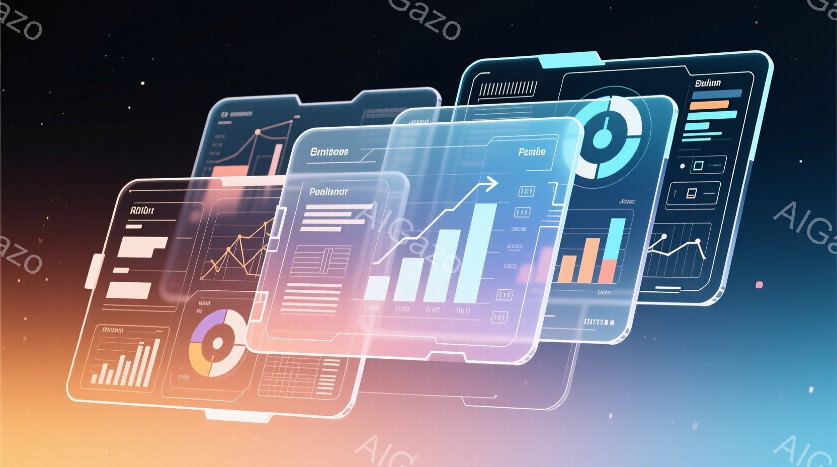 画像には、明るい青色の背景に浮かぶ複数のデジタルインターフェースが表示されています。各インターフェースには、棒グラフ、円グラフ、線グラフなどのデータ視覚化要素が組み込まれており、洗練されたデザインが特 - AI生成フリー素材