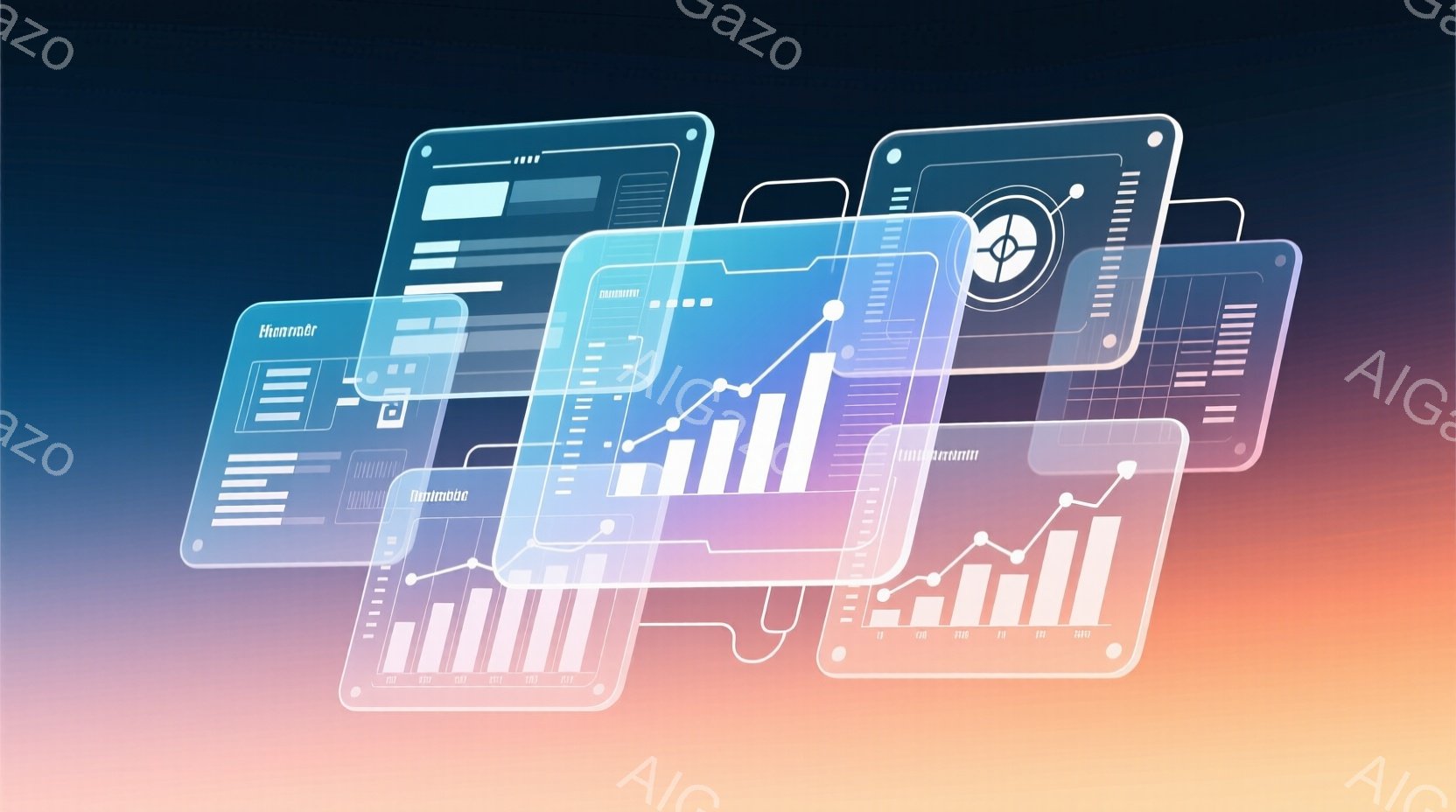 鮮やかなグラデーションの背景に、複数の発光するデータ分析画面が重なり合って表示されています。各画面には、棒グラフや折れ線グラフなどの視覚的なデータ表現が表示されており、明るい青色と白色で強調されていま - AI生成フリー素材
